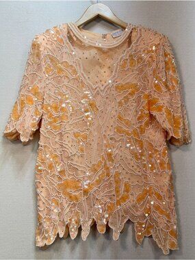 Creative Touch Women's Sequin Embellished Silk Top Half Sleeve Light Orange